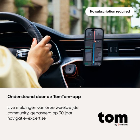 Tom by TomTom | Détecteur de radars pour voiture | Avertit en cas de radars fixes et mobiles, ainsi que d'embouteillages | Sans abonnement | CarPlay et Android Auto | Fabriqué en Europe