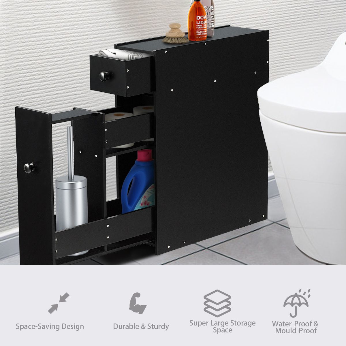 Coast Meuble de salle de bain compact - Multifonctionnel - 48 x 16 x 58 cm - MDF - Noir