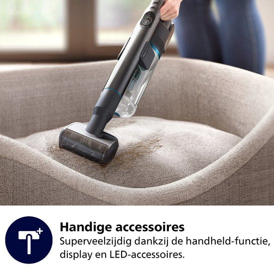 Aspirateur Philips avec fonction de lavage des sols XC8055/01 Aqua Plus - Sans fil et sans sac - Buse d'aspiration avec éclairage LED - Aspirateur à main - Autonomie de la batterie jusqu'à 80 min - Léger - Bleu