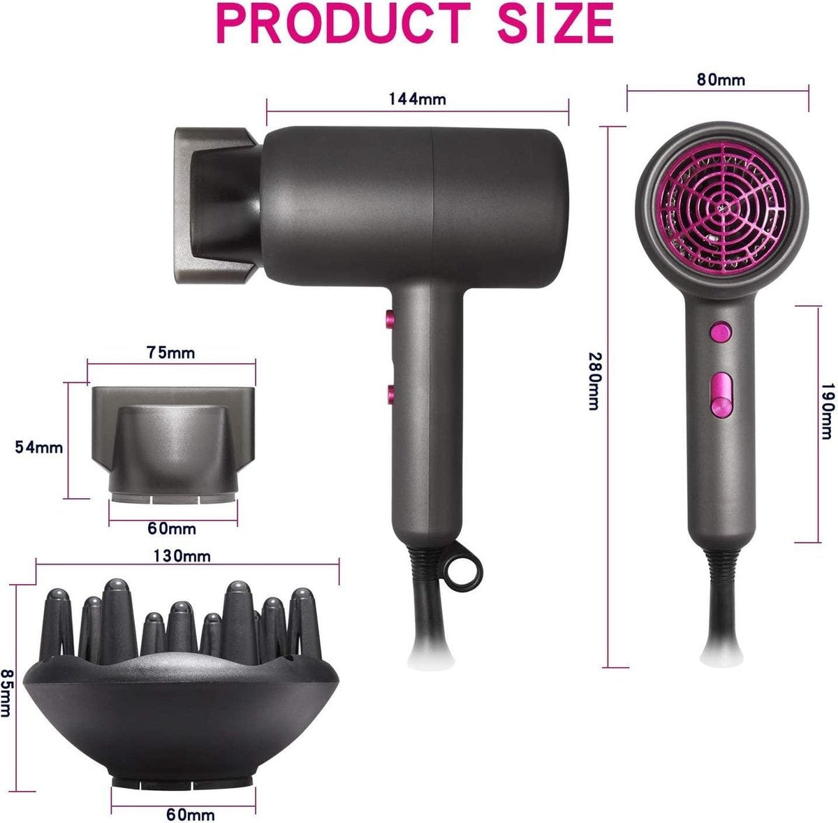 Sèche-cheveux professionnel 3 en 1 - Sèche-cheveux ionique négatif - Avec diffuseur - 3 températures - 2 vitesses