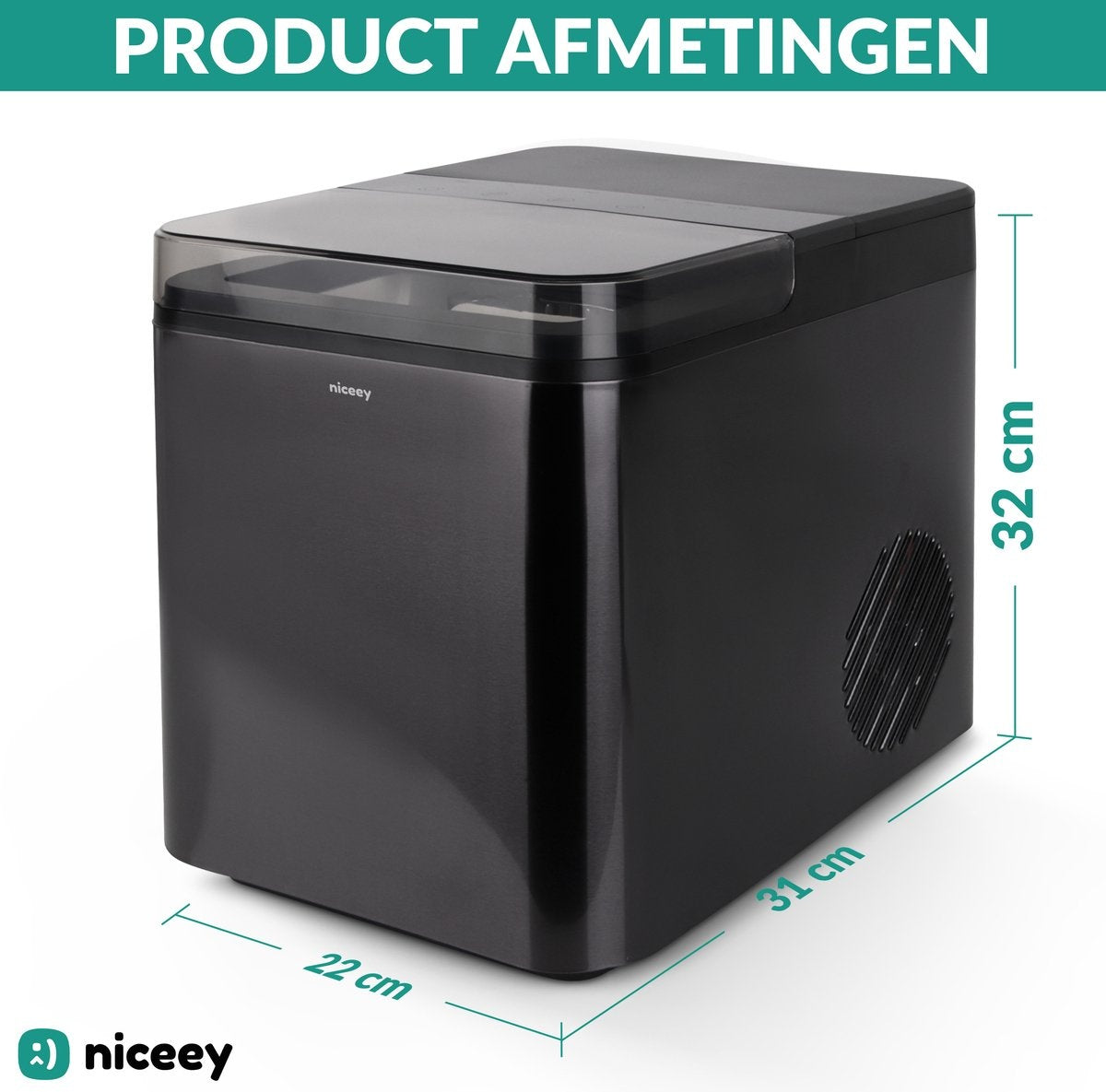 Machine à glaçons Niceey, 2 litres, en 6-8 min, 12kg/24h, avec cuillère à glace, Noir