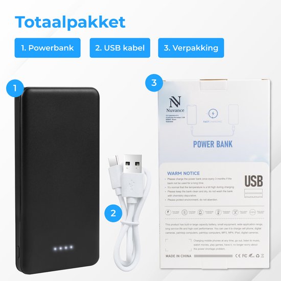 Nuvance - Powerbank 10000 mAh - Chargeur rapide - Design compact - 2x USB, USB-C & Micro USB - Powerbanks universelles pour Smartphones, Tablettes & Gadgets - Batterie externe - Noir