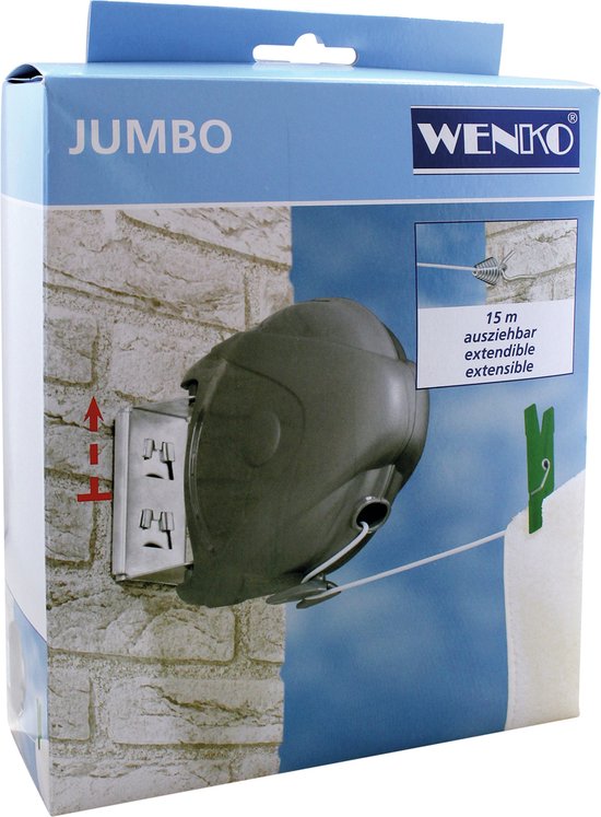 WENKO Ligne à linge Jumbo 15 mètres - Ligne à linge - Ligne à linge enroulable - Fil à linge à enroulement automatique