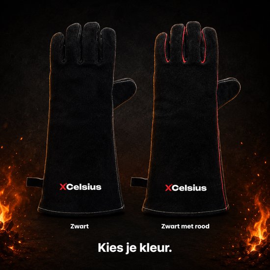 Gants de barbecue XCelsius® en cuir refendu – Certifiés TÜV EN407 – Gants de barbecue et de four résistants à la chaleur – Pour kamado, fonte, grilles et déflecteurs de chaleur – Cadeaux pour hommes – 1 paire – Noir et rouge