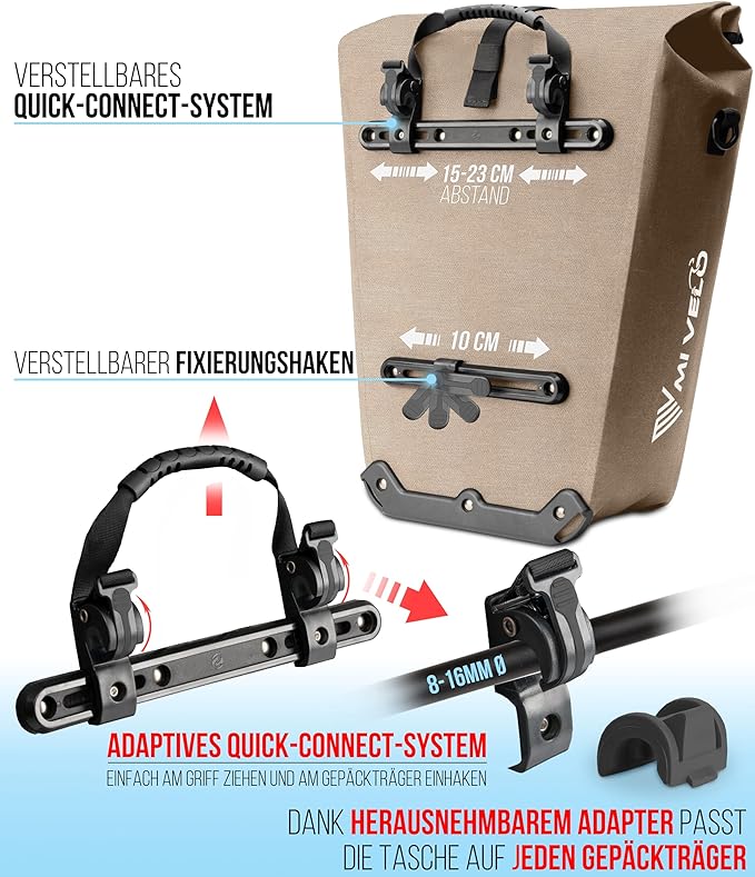 MIVELO Pannier - Imperméable & Incl. compartiment pour ordinateur portable & antivol de vélo - 25 litres - Sandbeige