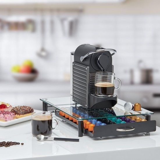KitchenBrothers Porte-capsules - avec tiroir - Nespresso - 60 tasses - Verre - inox/noir