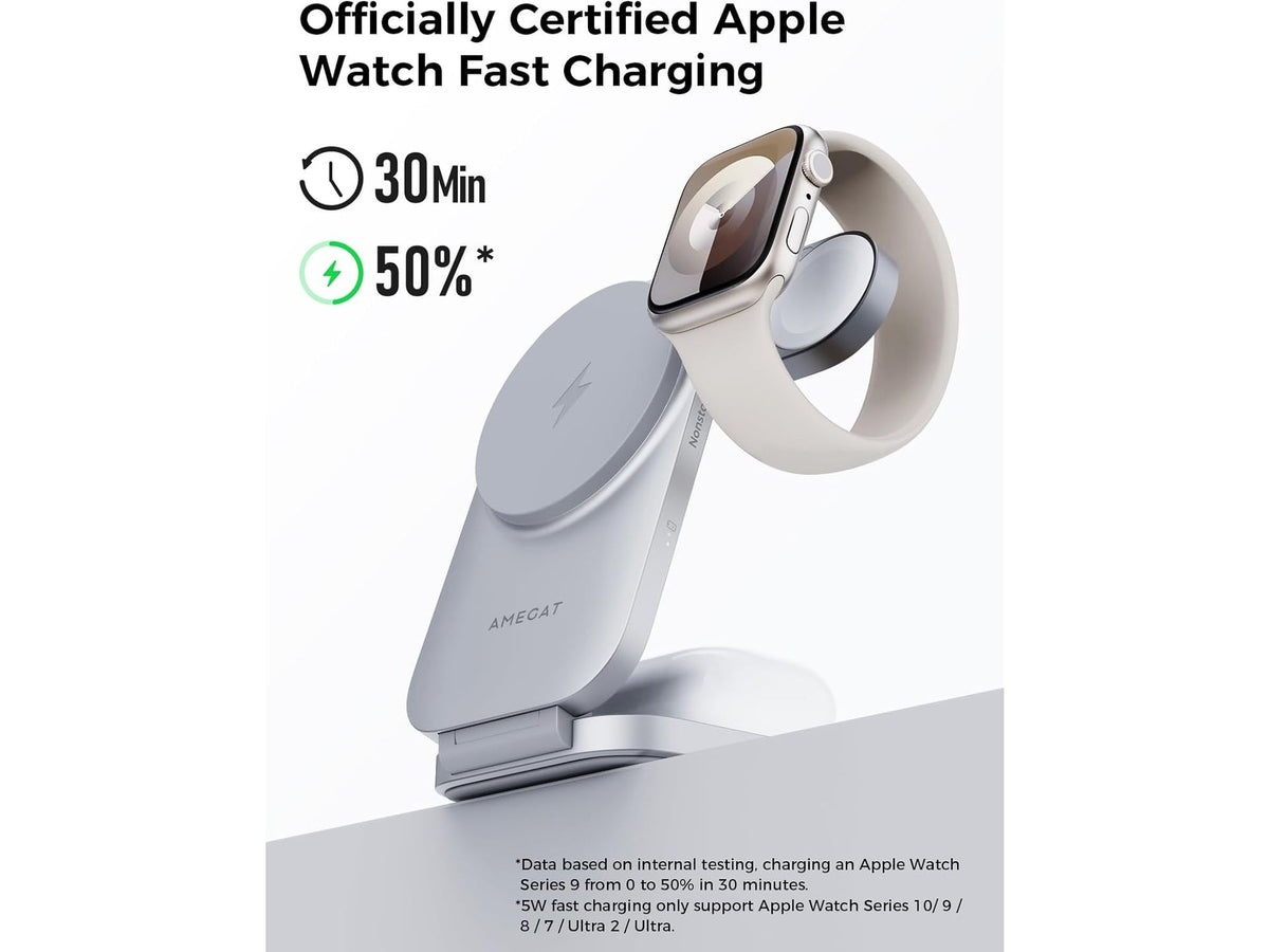Station de recharge AMEGAT 3-en-1 MagFusion Z - Qi2 - 15 W - MagSafe - Pliable - Adaptateur 30 W inclus