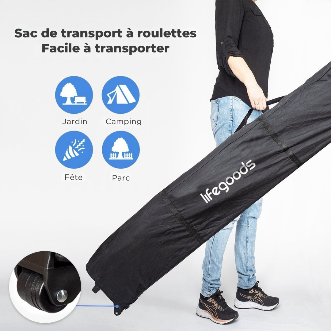 Tonnelle de jardin - LifeGoods - 3x4.5 m - Avec sac de transport à roulettes - Gris foncé