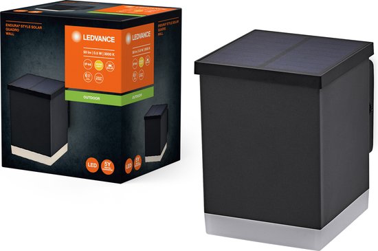 LEDVANCE ENDURA STYLE SOLAR WALL luminaire extérieur, 0,5W, 50lm, applique, gris foncé, éclairage indirect, batterie rechargeable, indice de protection IP44, température de couleur 3.000K, couleur blanc chaud, applique murale