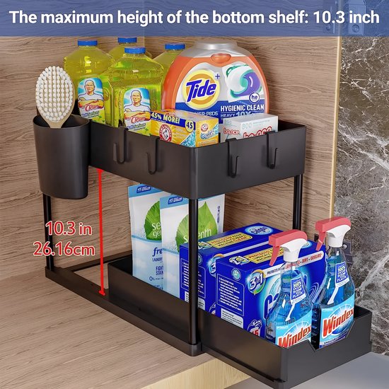 Nexxt Kitchen Cabinet Organiser - 2 Layers - Rack with Pull-out Drawer - Includes Hooks and Trays - Sink Organiser - Black