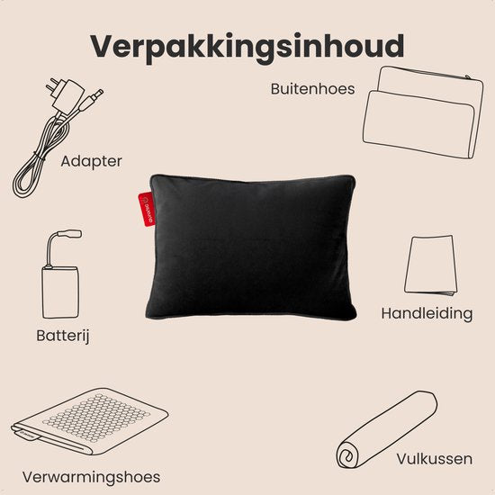 Auronic Heat Pillow - Velvet - 45x60 - Sans fil - Rechargeable - Oreiller électrique - Infrarouge - Noir