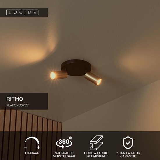 Lucide RITMO - Spot de plafond (lampe de plafond) - Ø 15 cm - 2xGU10 (MR11) - Or mat / Laiton