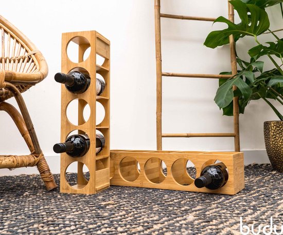 Budu Porte-bouteilles en bambou 5 bouteilles - Porte-bouteilles en bois - Empilable - Extensible - Porte-bouteilles en bois - Porte-bouteilles en bambou - Porte-bouteilles vertical - Porte-bouteilles de vin
