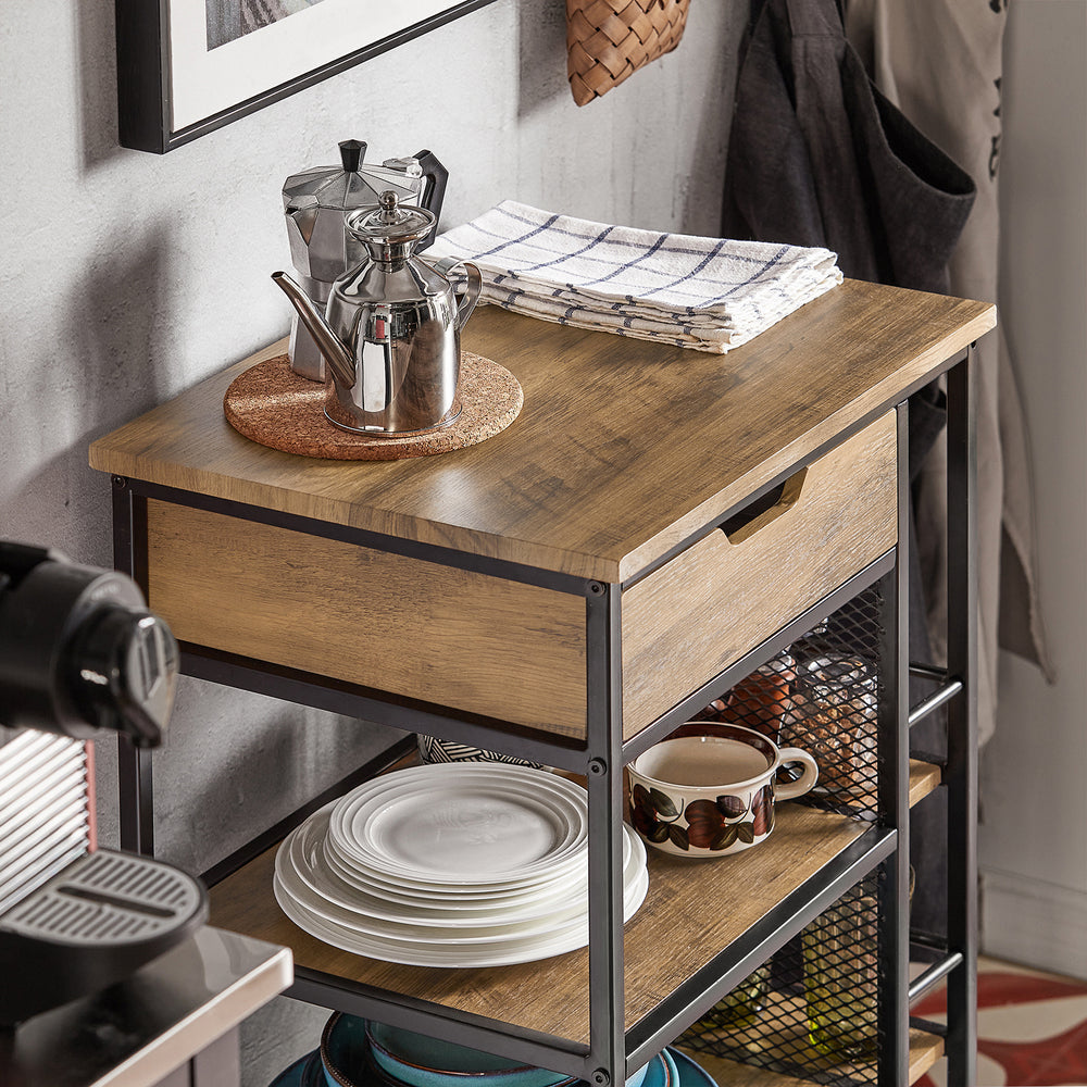 SoBuy FKW99-N Chariot de service - 6 étagères et 1 tiroir - 50x37x87 cm - Noir/Bois