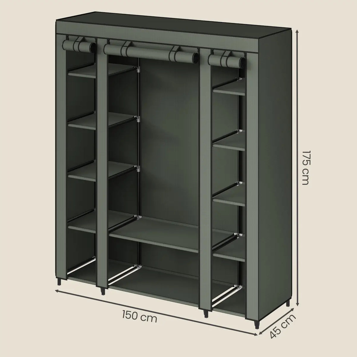 Armoire JOYFURNOS 150 x 45 x 175 cm - Vert Laurel - 12 compartiments avec tringle à vêtements