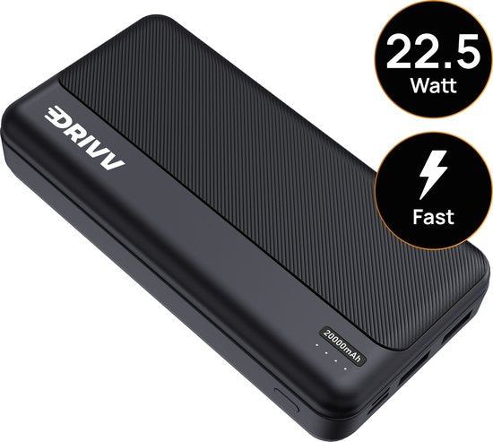 Drivv. Powerbank 20 000 mAh - Câble de charge 100w inclus - Chargeur rapide 22,5W - Quick Charge USB 3.0 - USB C - Convient à iPhone, Samsung et autres