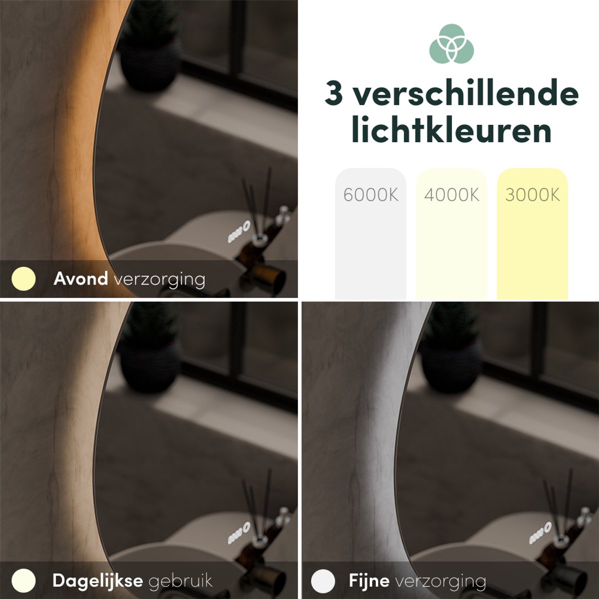 Beloura Miroir de salle de bain avec éclairage - Miroir de salle de bain rond - Chauffage - Horloge - LED - 60 cm