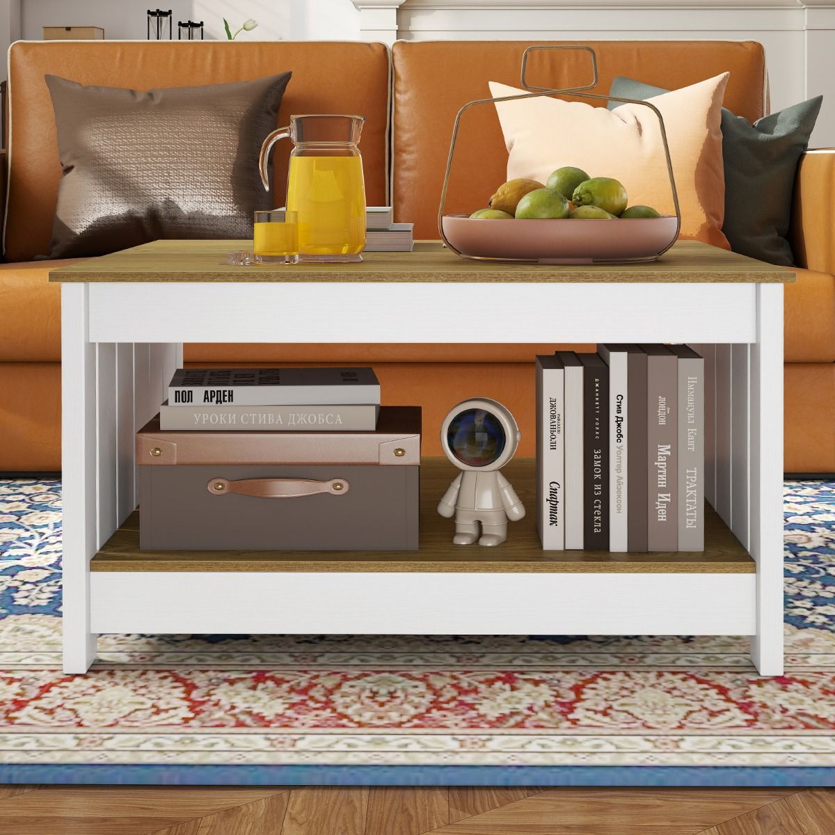 Table basse Coast en bois - 2 niveaux - Espace de rangement - Naturel et blanc - 80 x 80 x 45 cm