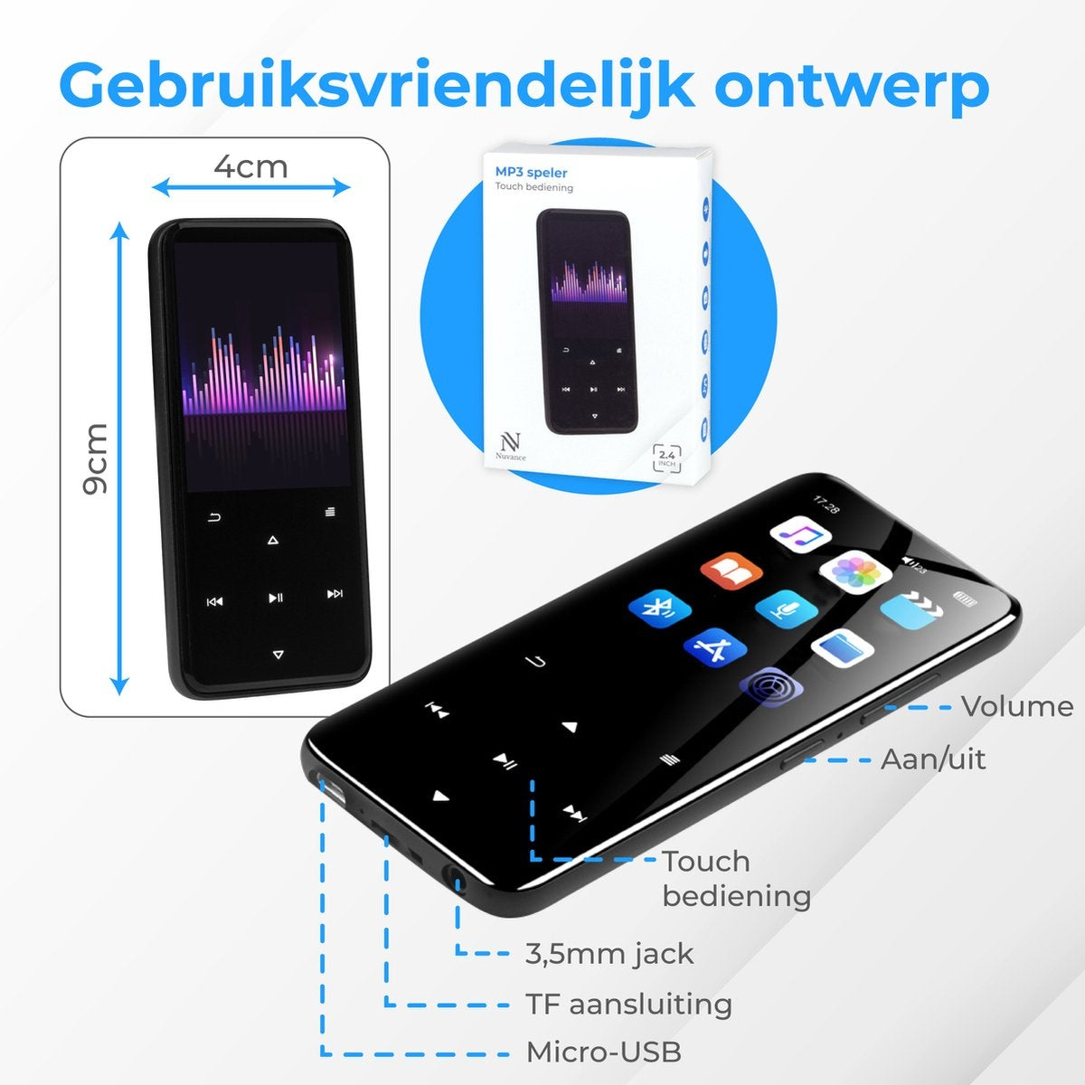 Nuvance - Lecteur MP3 Bluetooth - Mémoire interne 16GB - Support jusqu'à 128GB - Enregistreur vocal numérique - avec radio FM - Noir