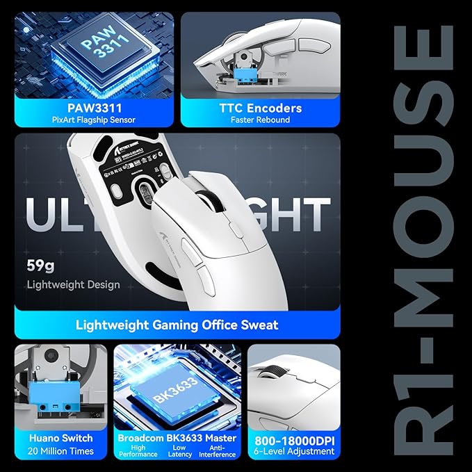 ATTACK SHARK R1 Superlight Gaming Mouse 59g - Blanc - 12.2 × 6.4 × 3.8 cm - Sans fil et filaire - Jusqu'à 18 000 DPI - 65 heures d'autonomie de la batterie