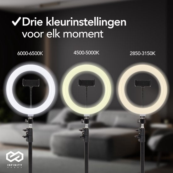 Infinity Goods Ring Light With Tripod - LED - 3 Colours - Adjustable Tripod Up to 186m - Includes Plug - Selfie Ringlight for Tiktok / Instagram / Youtube / Streaming / Working at Home - Black