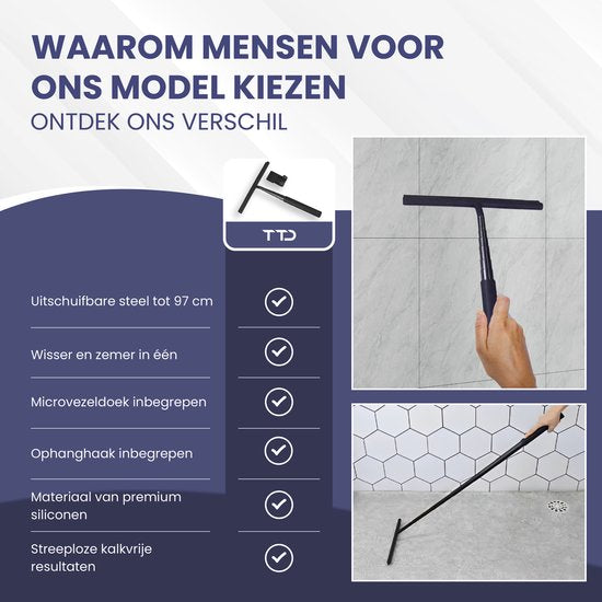 TTD® Essuyeur de douche 2-en-1 avec long manche extensible - 97 cm - Lame d'essuyage en silicone - Ergonomique - Avec chiffon en microfibre et crochet de suspension - Essuyeur de douche - Essuyeur de sol de salle de bains - Raclette de sol - Noir