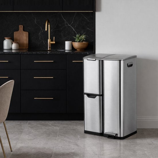 Bayt Poubelle - Poubelle 60 litres - Poubelle 60 litres - Poubelle à pédale 60 litres - Poubelle tri sélectif - Poubelle 3 compartiments - Poubelle - inox - Silver