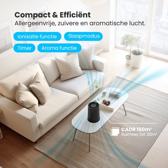 Auronic Air Purifier Compact Pro - Avec filtre HEPA 13 - 150 m³/h - 30 m² - Fonction aromathérapie - 3 niveaux - Purificateur d'air - Noir
