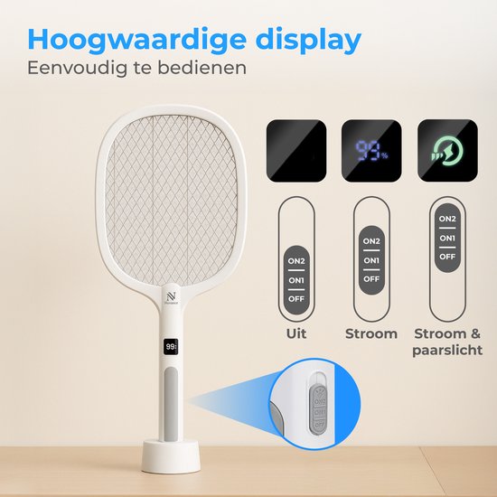 Nuvance Electric Fly Swatter - Usb Rechargeable - Mosquito lamp - with Display - Mosquito plug - Fly trap - Fly lamp - White