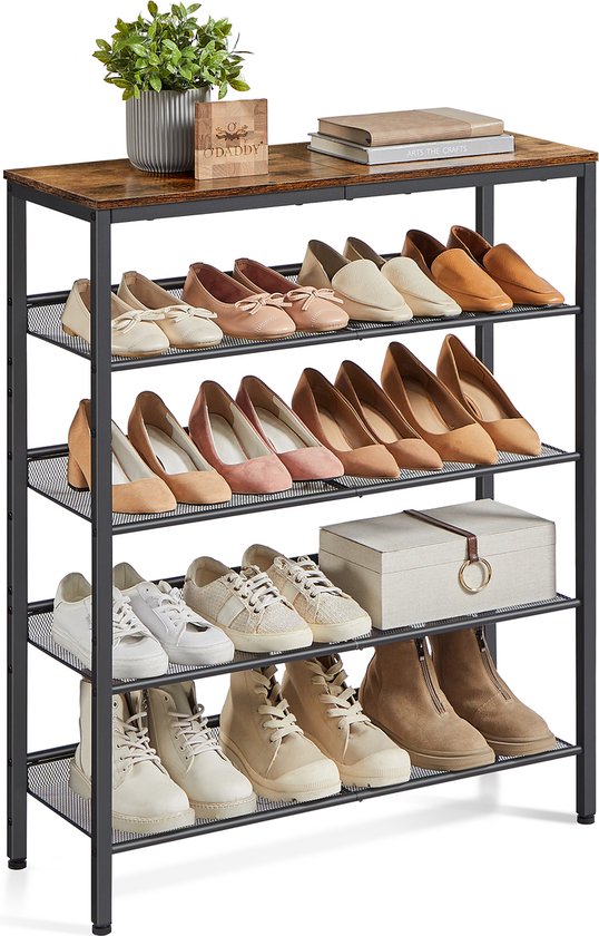 O'DADDY® Shoe Rack - 5 Layer - Shoe Storage System - Shoe Rack - Shoe Cabinet - Shoe Cabinet - Industrial Design - Brown Wood - Black Metal