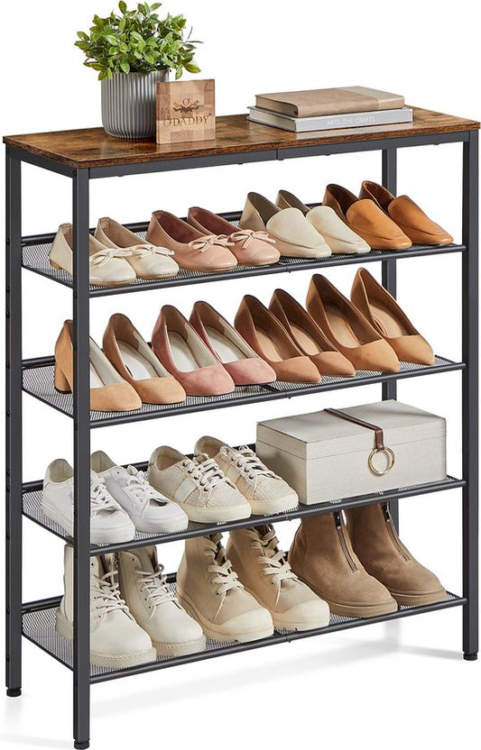 O'DADDY® Shoe Rack - 5 Layer - Shoe Storage System - Shoe Rack - Shoe Cabinet - Shoe Cabinet - Industrial Design - Brown Wood - Black Metal