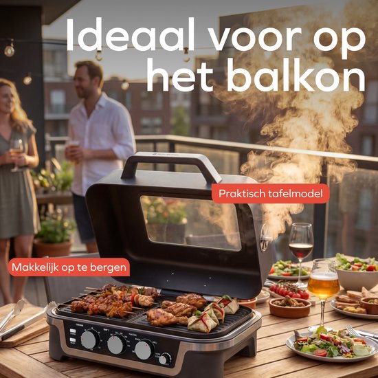 KitchenBrothers Barbecue électrique et fumoir - Modèle de table pour balcon - 90 °C à 250 °C - 2 600 W - Barbecue de table - Avec hublot