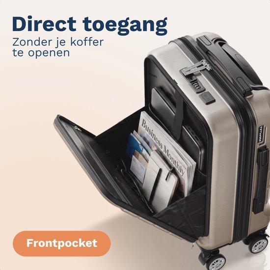 Valise TRVLMORE - 54 x 37 x 23 cm - Avec poche avant - 44 L - Cadenas TSA - 4 roulettes - Couleur champagne