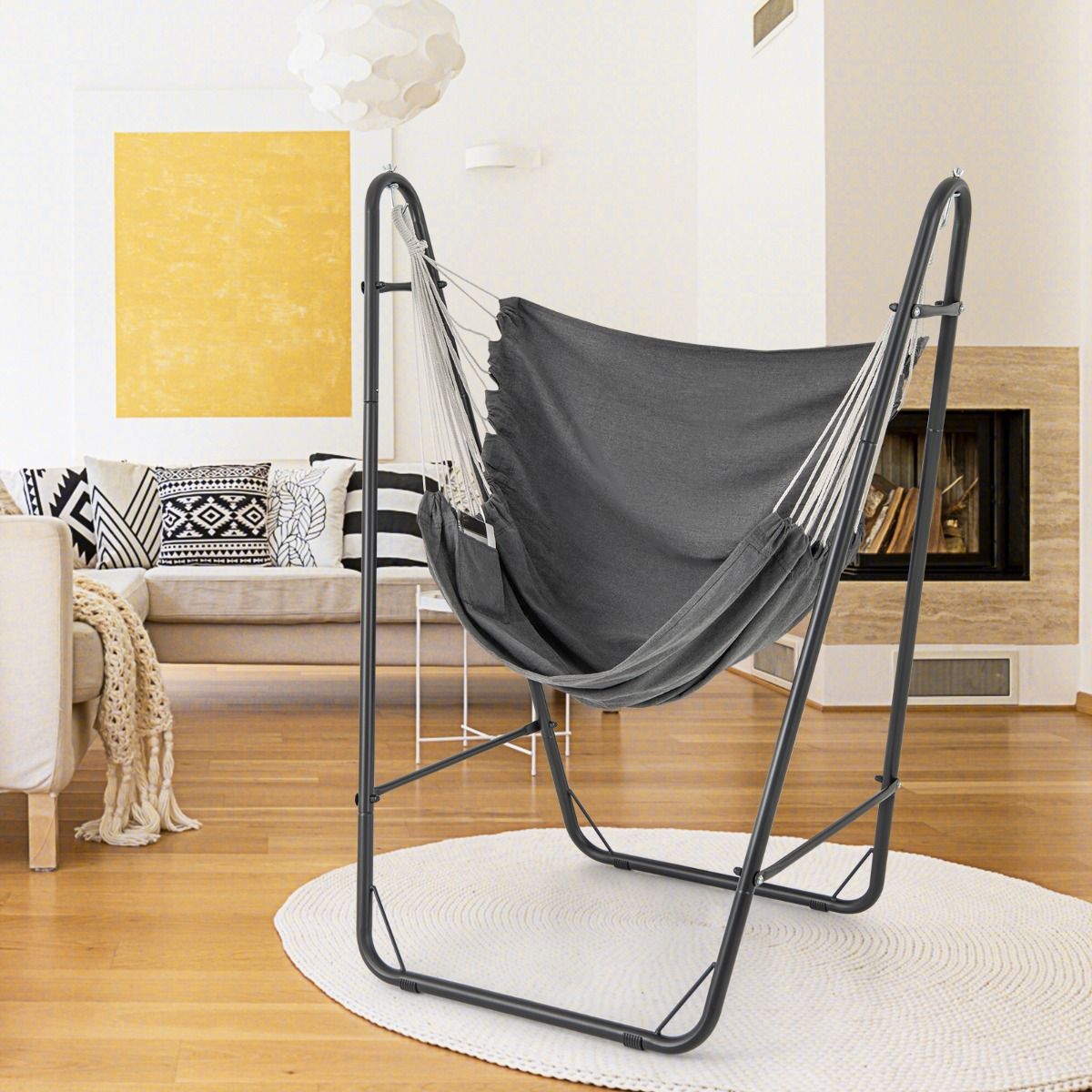Fauteuil suspendu Coast avec support - Assise en coton et polyester - Poches latérales - Gris - 130 x 87 x 161 cm