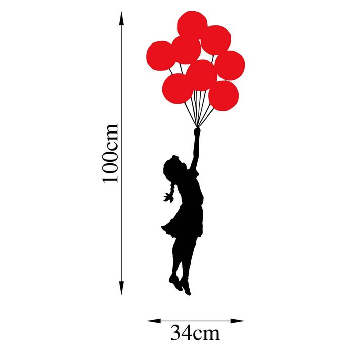 Wallity Wall Banksy - Décoration murale en métal - Fille avec ballons - Rouge/Noir - 34cmx1.5mmx100xcm