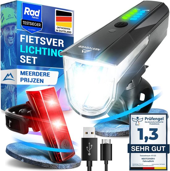 NEXTCOVER® Bicycle Light Set LED 80 Lux Pro - White and Red with "LightSense" sensor switch built-in and 11h battery life - USB rechargeable & waterproof - StVZO (Germany) approved- LED bicycle light for bike light & bike tail light, bicycle lighting