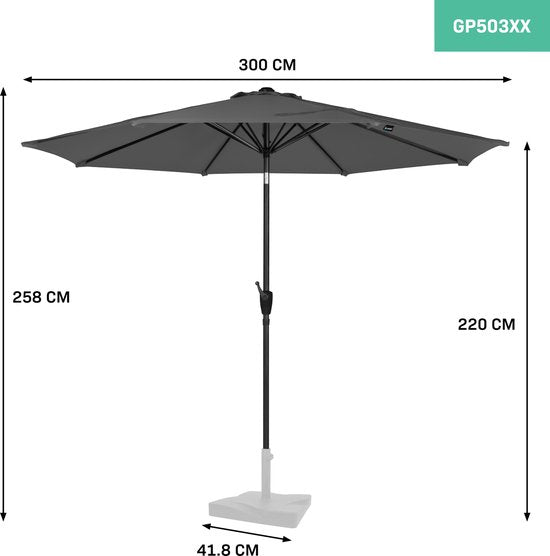 VONROC Premium Parasol à manche Recanati Ø300cm - Housse de protection incluse - Parasol rond - Inclinable - Toile résistante aux UV - Gris