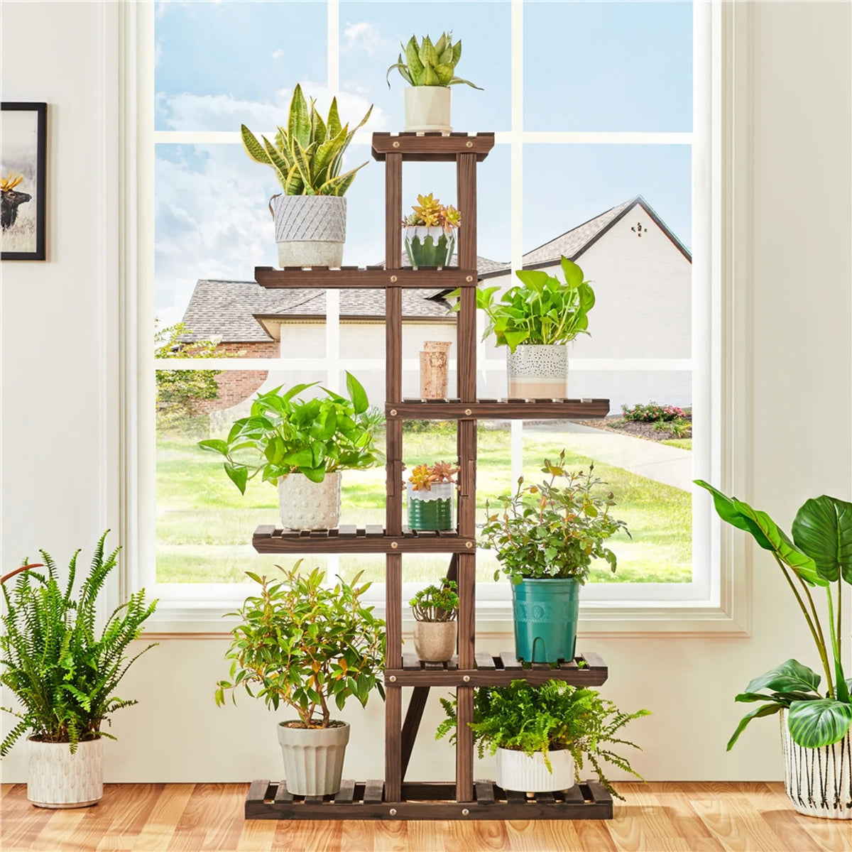 Yaheetech : étagère à plantes à 6 niveaux pour l'intérieur et l'extérieur, 140 cm de haut – marron – bois de sapin et métal
