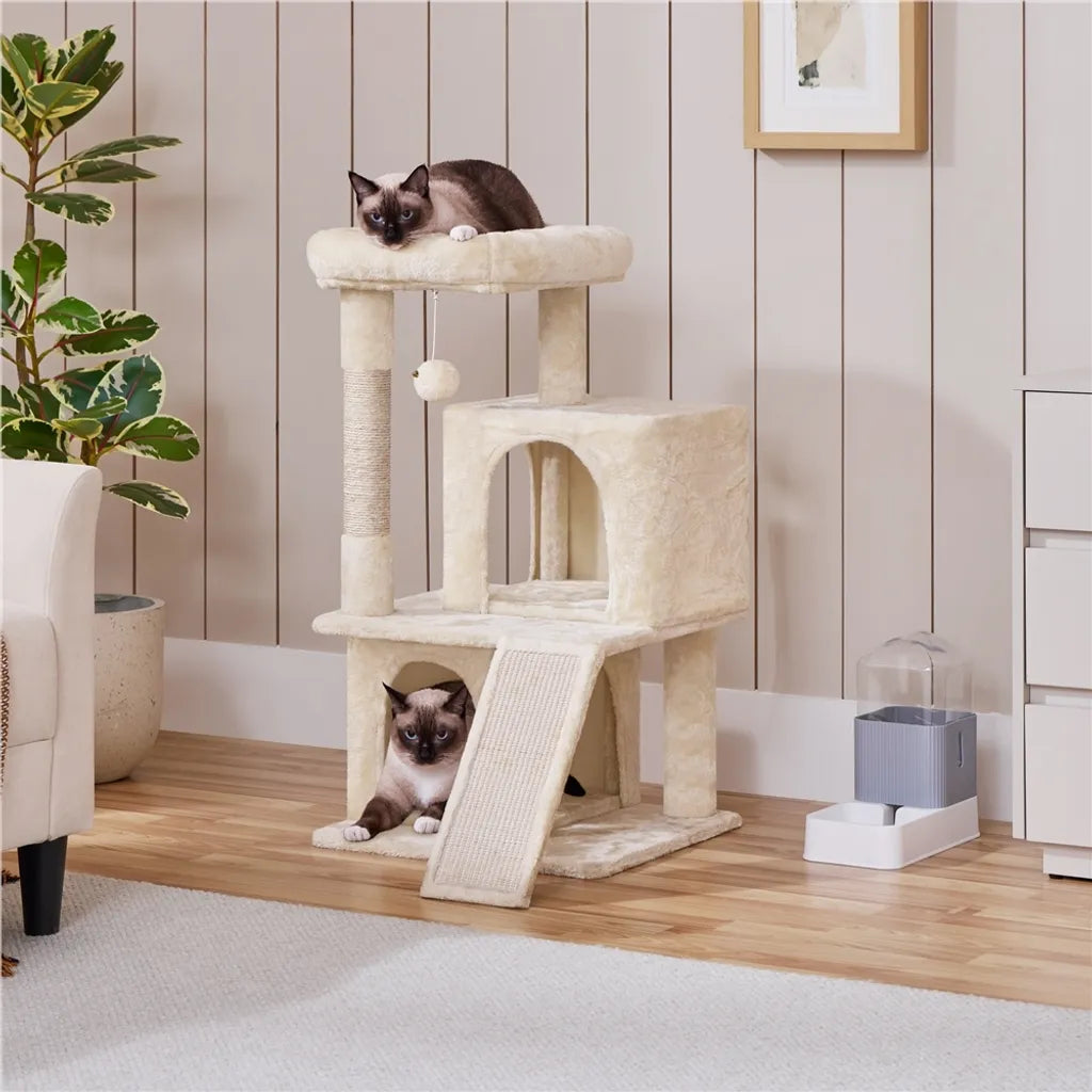Yaheetech Cat Post Beige - 91 cm de haut - Avec 2 maisons pour chat, griffoirs en sisal et balle de jeu