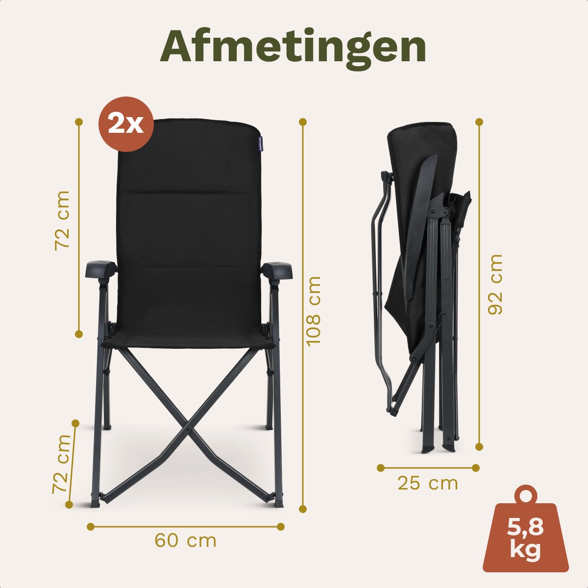 TRVLMORE Chaises de camping de luxe Lot de 2 - Pliables - Capacité de charge de 150KG - Dossier réglable - Sac de transport inclus - Noir