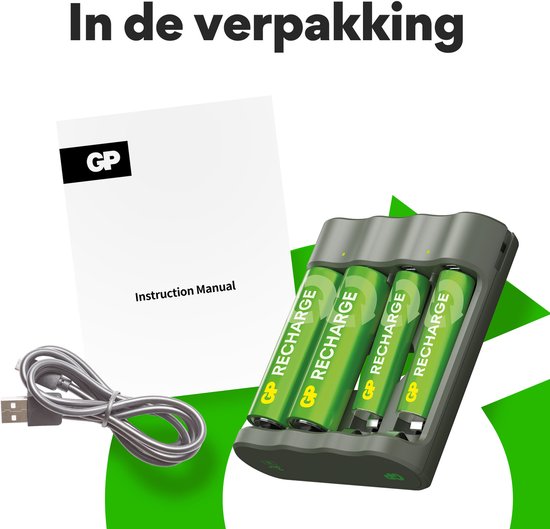 Chargeur de piles GP Recharge pour piles AA et AAA – 4 emplacements, port USB, recharge rapide et sûre, chargeur compact avec piles rechargeables : 2 x AA 2100 mAh / 2 x AAA 800 mAh