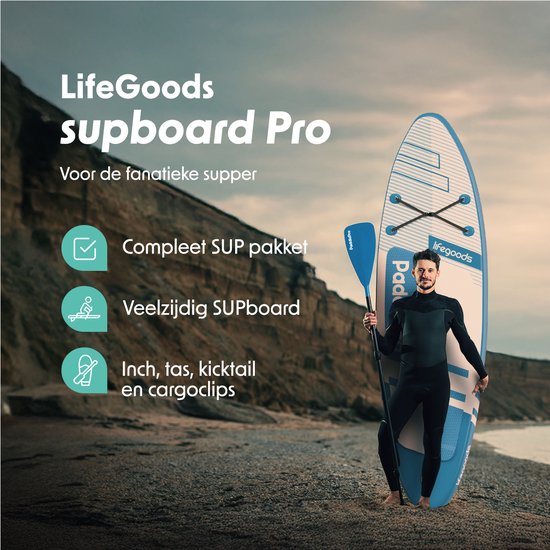 LifeGoods PaddlePro SUP Board Pro - Pro Set - Planche à pagaie gonflable - Max. 150KG - 320x81cm - Bleu ciel