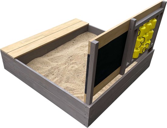 Bac à sable AXI Kitty « Beurre, fromage et œufs » gris/marron - Avec siège - Bâche de protection et toile de sol incluses - Bois certifié FSC