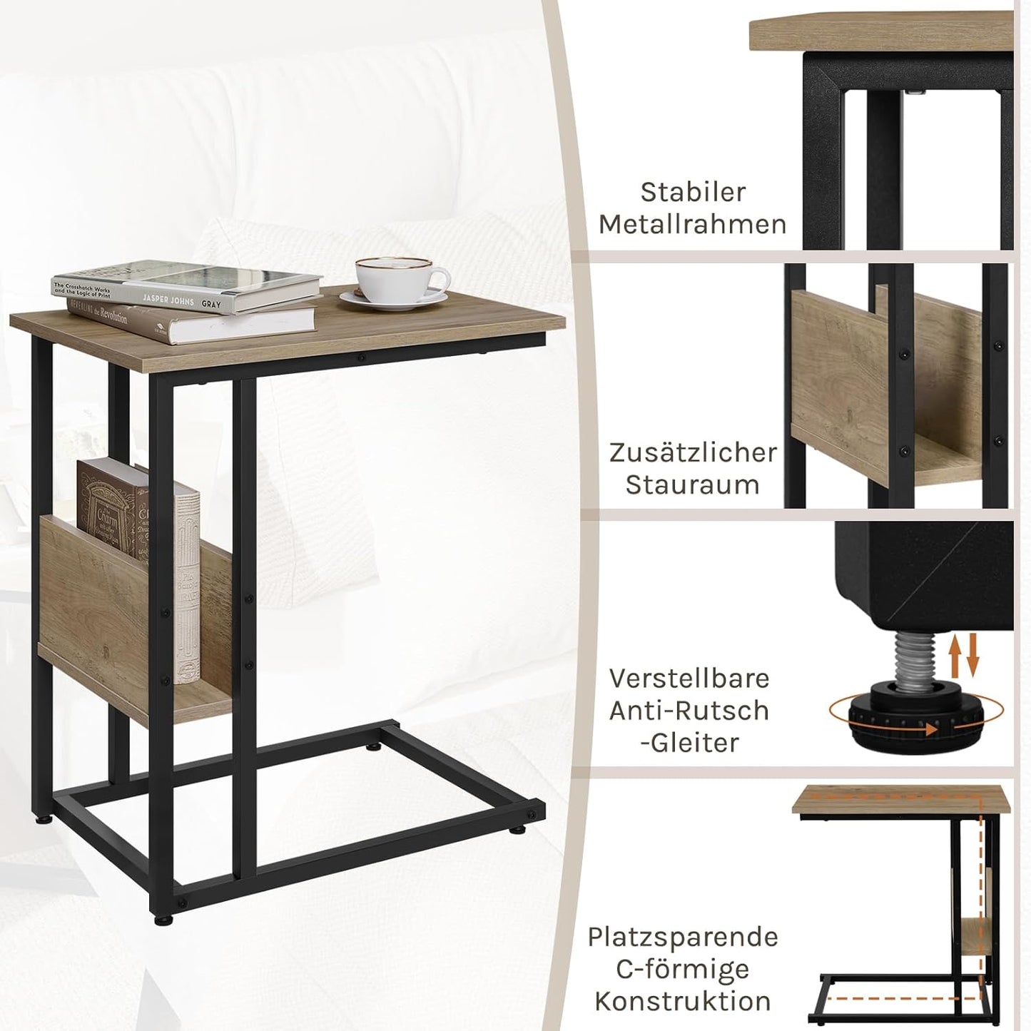 Table d'appoint Woltu en forme de C avec étagère de rangement - Aspect bois gris - Métal - 55 x 36 x 59,5 cm