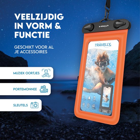 Travelly ® - Etui étanche pour téléphone portable Lot de 2 - Etui universel pour Smartphone - Convient à tous les téléphones - Sacoche sèche - Pour les vacances, la natation et les sports nautiques - Noir/Orange