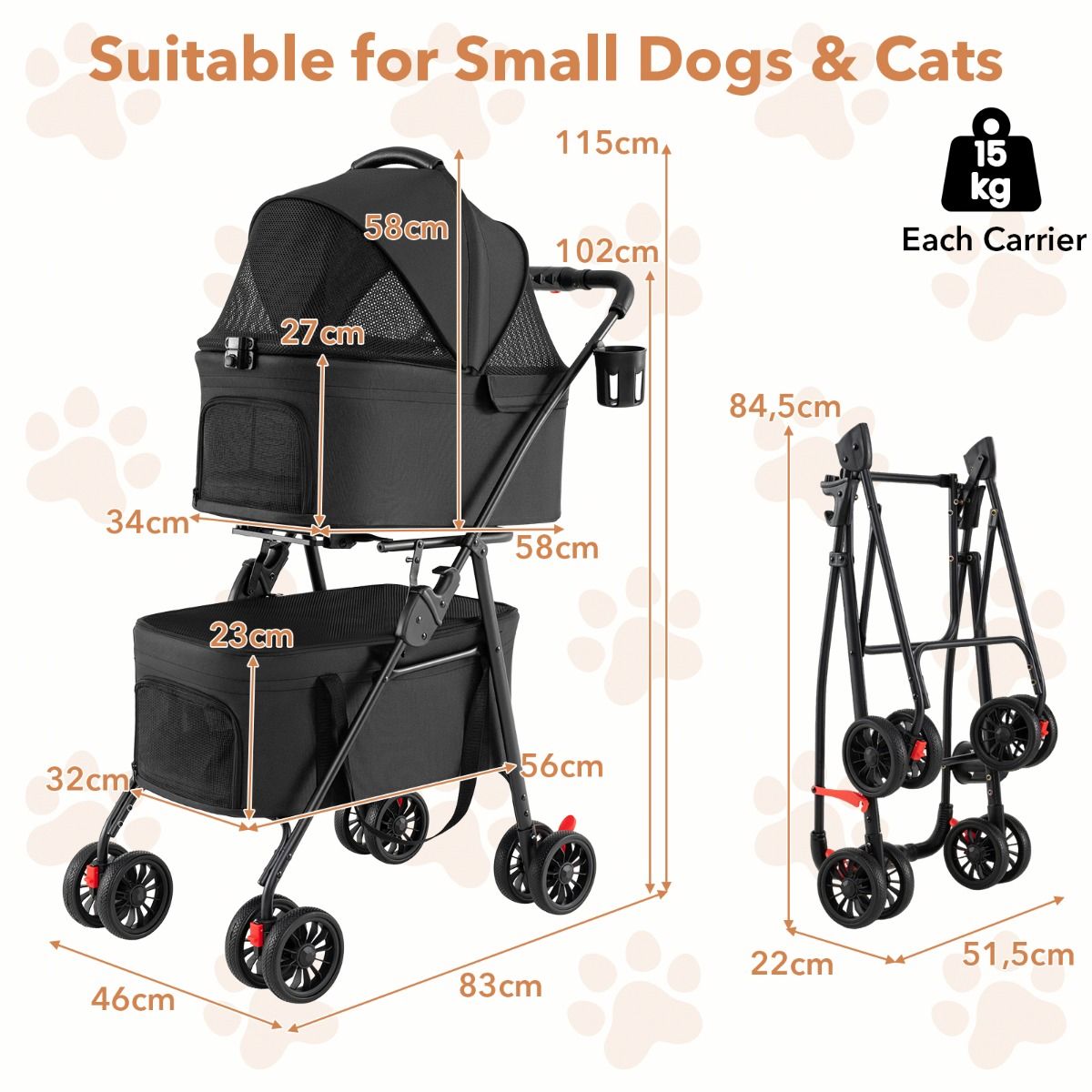 Chariot pliable double pour animaux de compagnie Coast - 3-en-1 avec caisses de transport amovibles - roues tout-terrain - noir