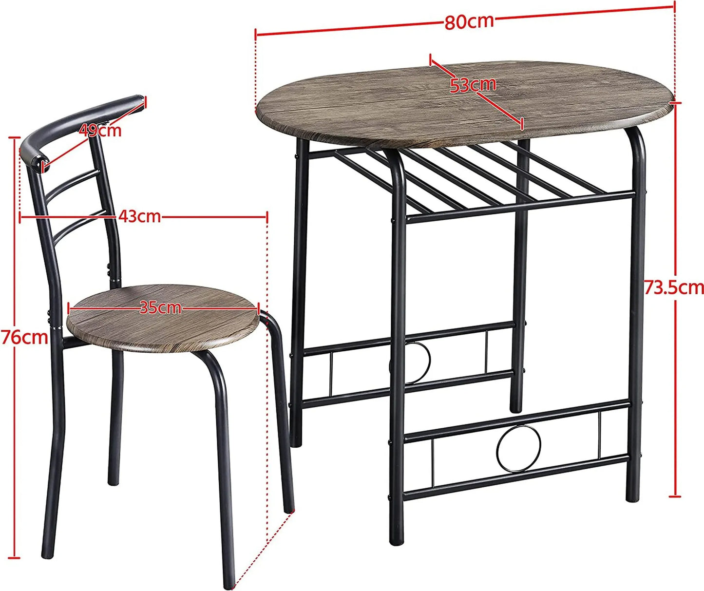Yaheetech Dining Set Of 3 - Comprend une table avec 2 chaises, une étagère de rangement réglable et un revêtement hydrofuge - Pour la cuisine et la salle à manger - Driftwood Brown Metal and MDF - 80 x 53 x 73.5 cm