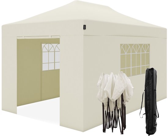 Tente de fête LifeGoods - Pavillon - 3 x 4,5 m - Parois latérales - Montage facile - Pliable - Imperméable - Sac de transport à roulettes - Beige