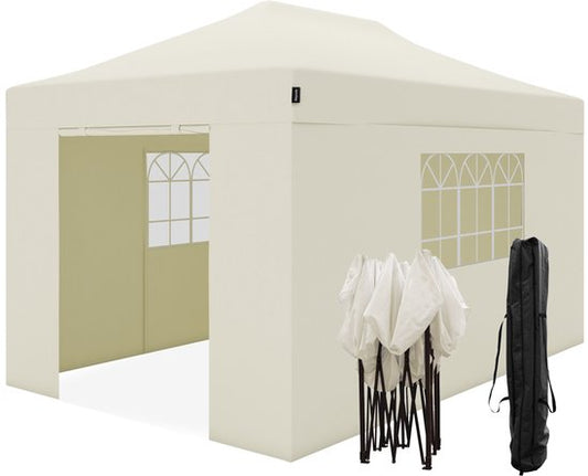 Tente de fête LifeGoods - Pavillon - 3 x 4,5 m - Parois latérales - Montage facile - Pliable - Imperméable - Sac de transport à roulettes - Beige