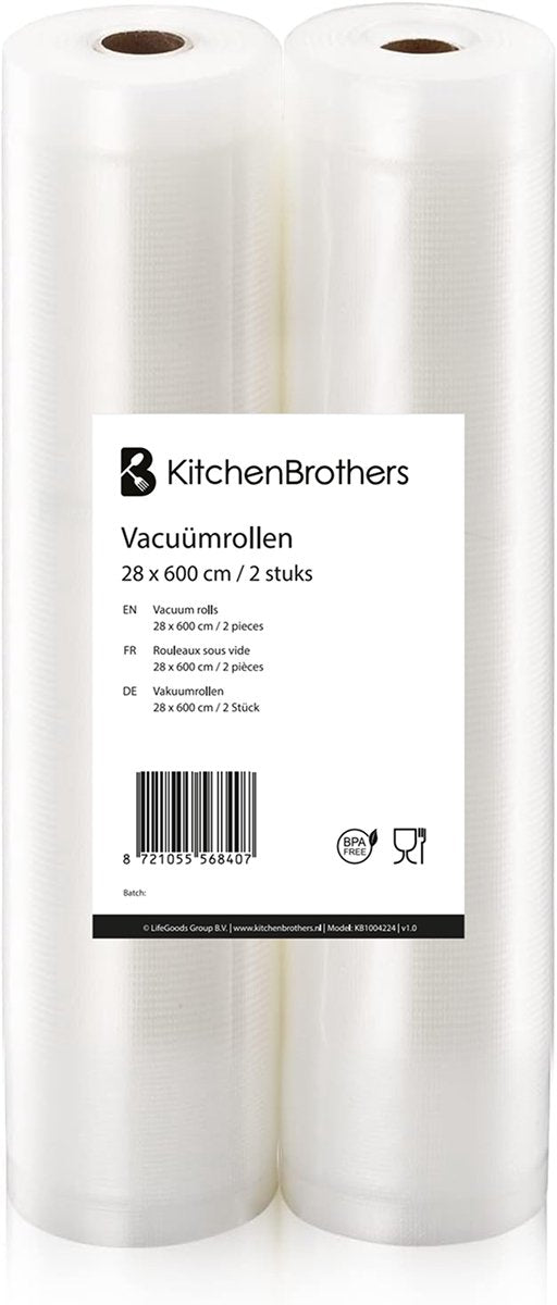 KitchenBrothers Rouleaux de mise sous vide 2 pièces - 28x600cm - sans BPA - pour machine à vide et sous-vide - Emballage alimentaire universel et solide